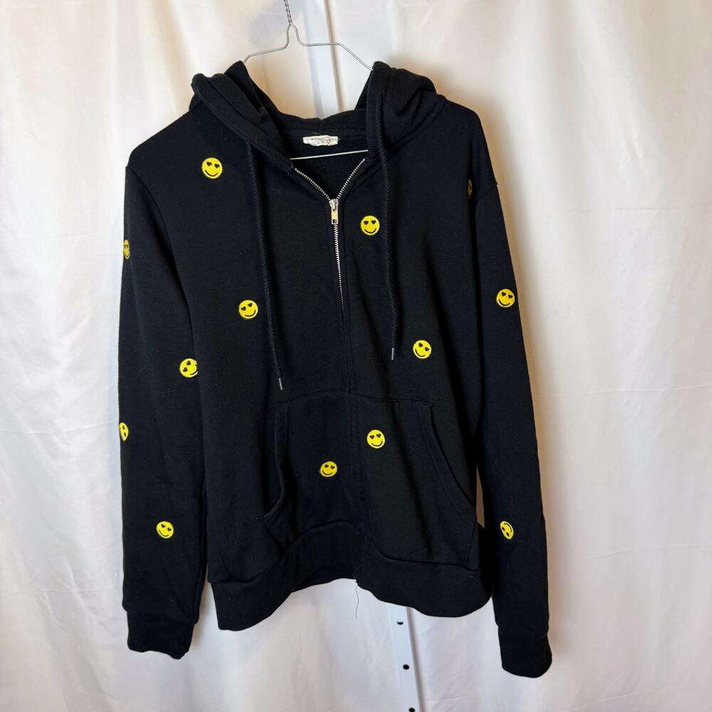 Reflex‎ Smiley Face Zip Hoodie Black Yellow Allover Embroidered Large Heart Eyes